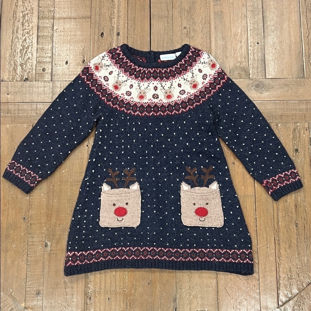 Jojo Maman Bebe knit reindeer Christmas dress 18-24 months wool blend pockets